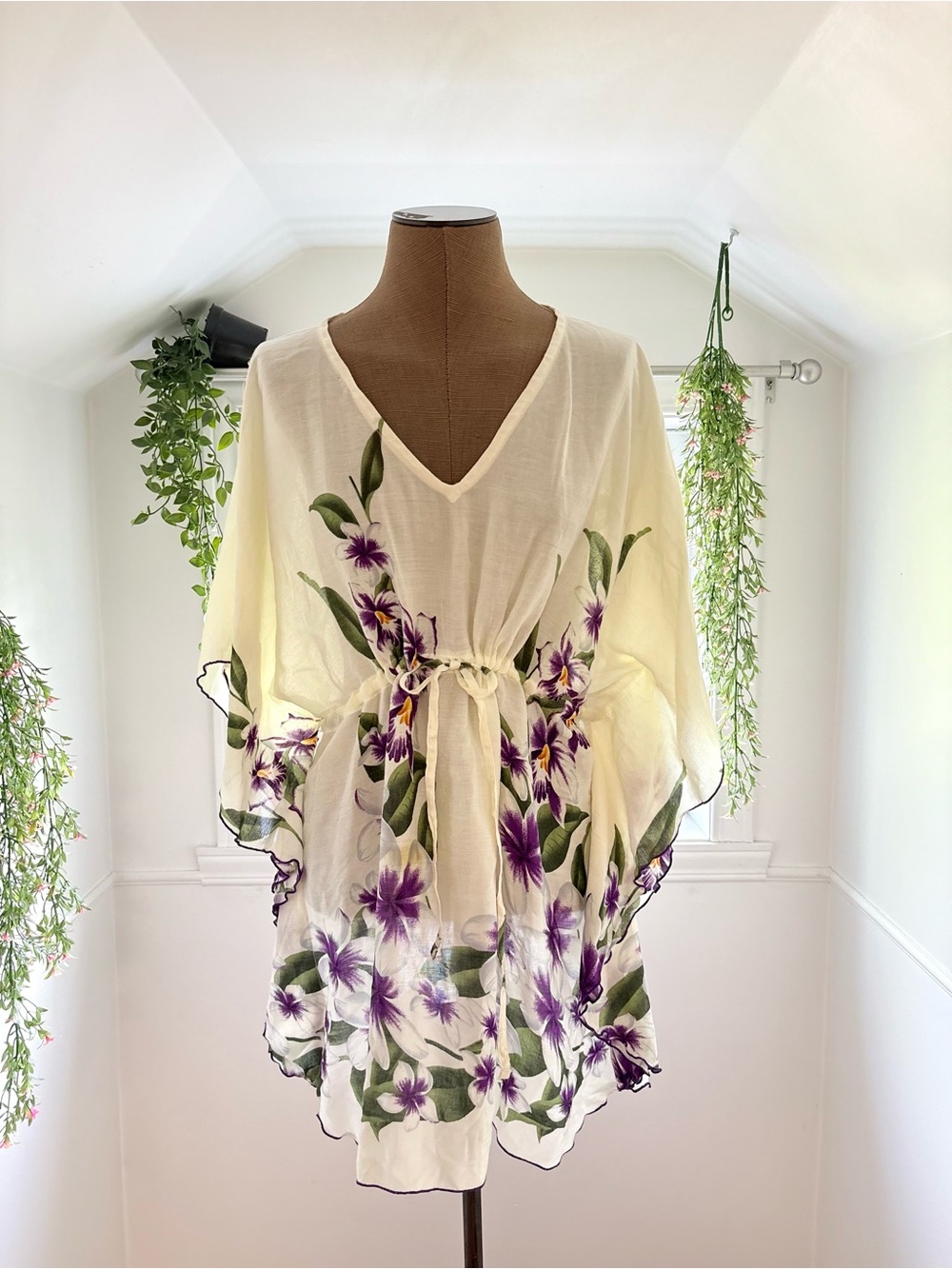 Floral V-Neck Cream Swim Cover-Up with Purple Print